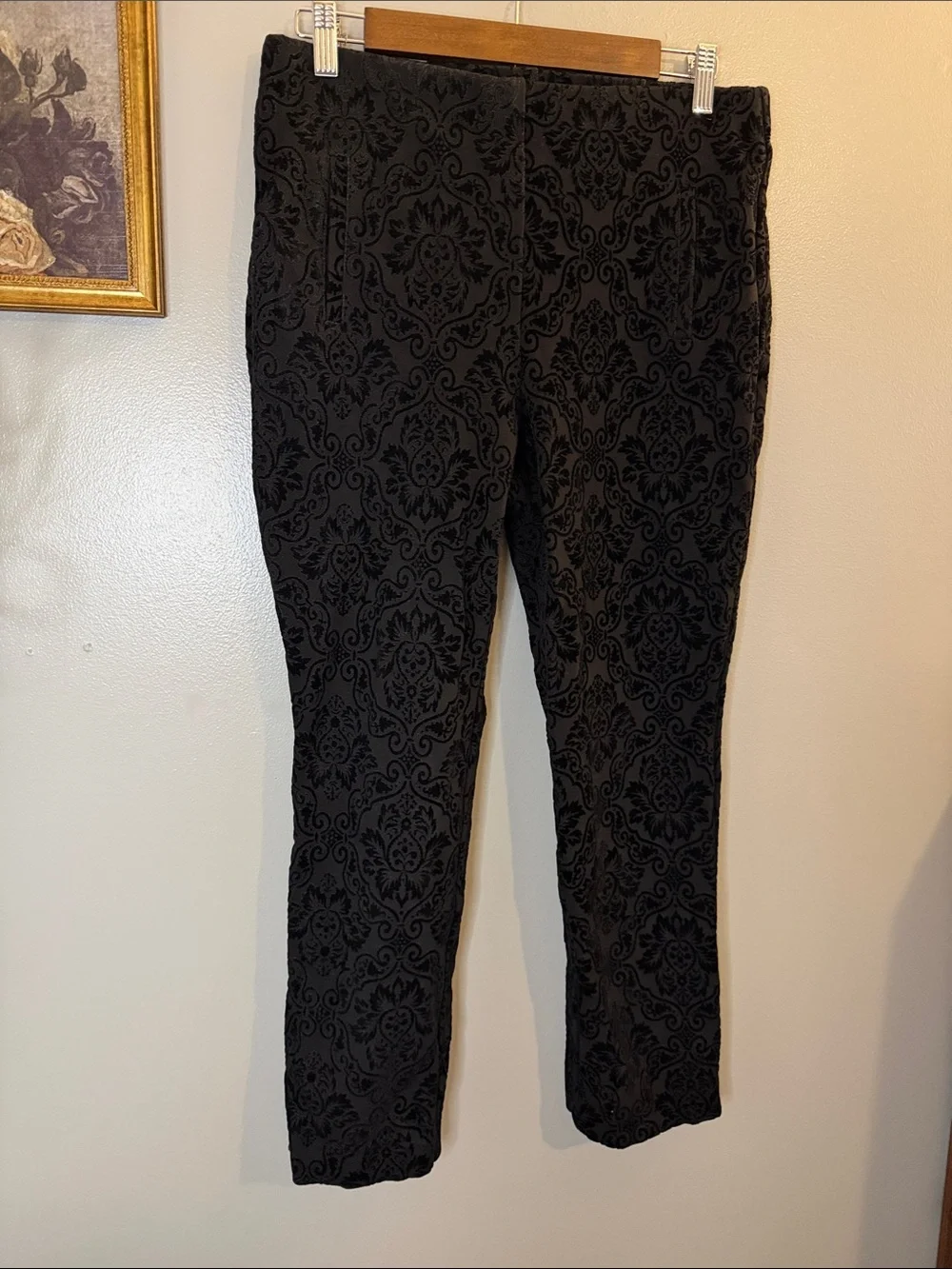 Chico’s Black Flocked Damask Slim Ankle Pants | Textured Stretch 10 - Picture 6 of 7